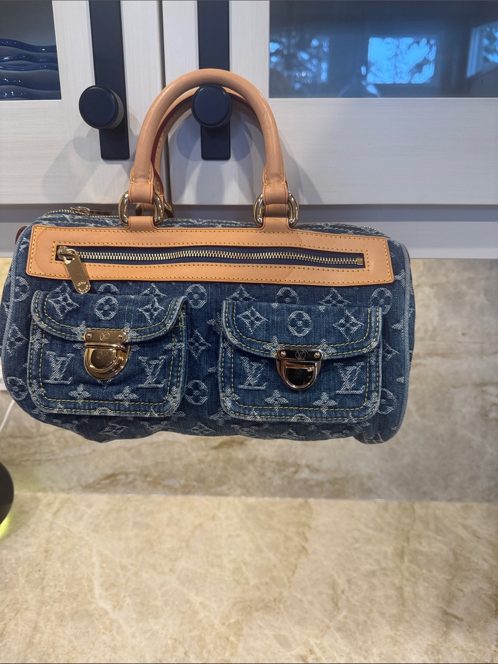 Louis Vuitton Denim Monogram Mini Satchel with Tan Leather Trim